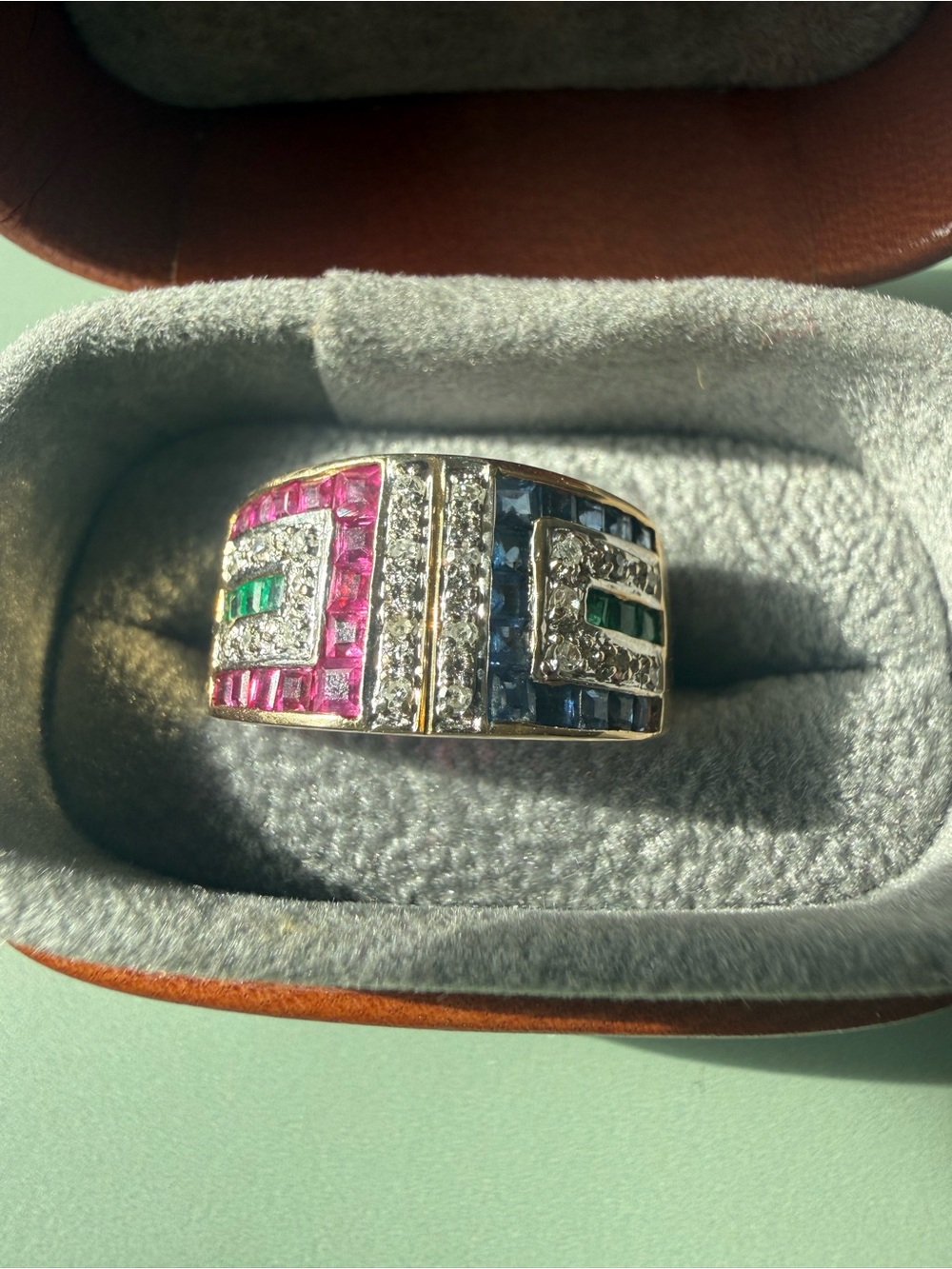 14K gold Vintage Art Deco Band w Diamonds, Rubies, Emeralds, & Sapphires 7.25